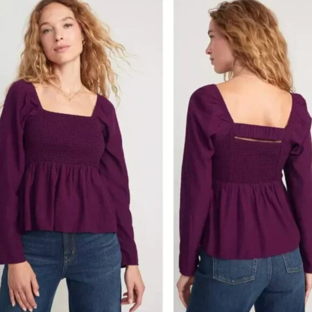 Old Navy Women's Seersucker Smocked Babydoll Blouse Wine Purple Long Sleeve